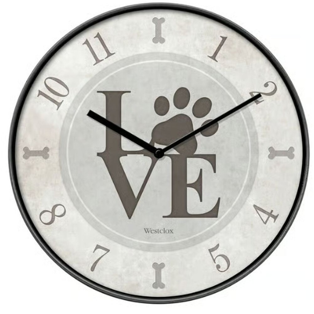 Plastic Decorative Kitchen Wall Clock, approx. 10" DIA. LOVE PAWS,grey, Westclox